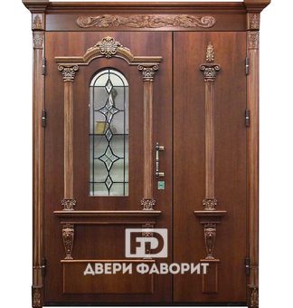 Парадная двустворчатая дверь с ковкой и стеклом
